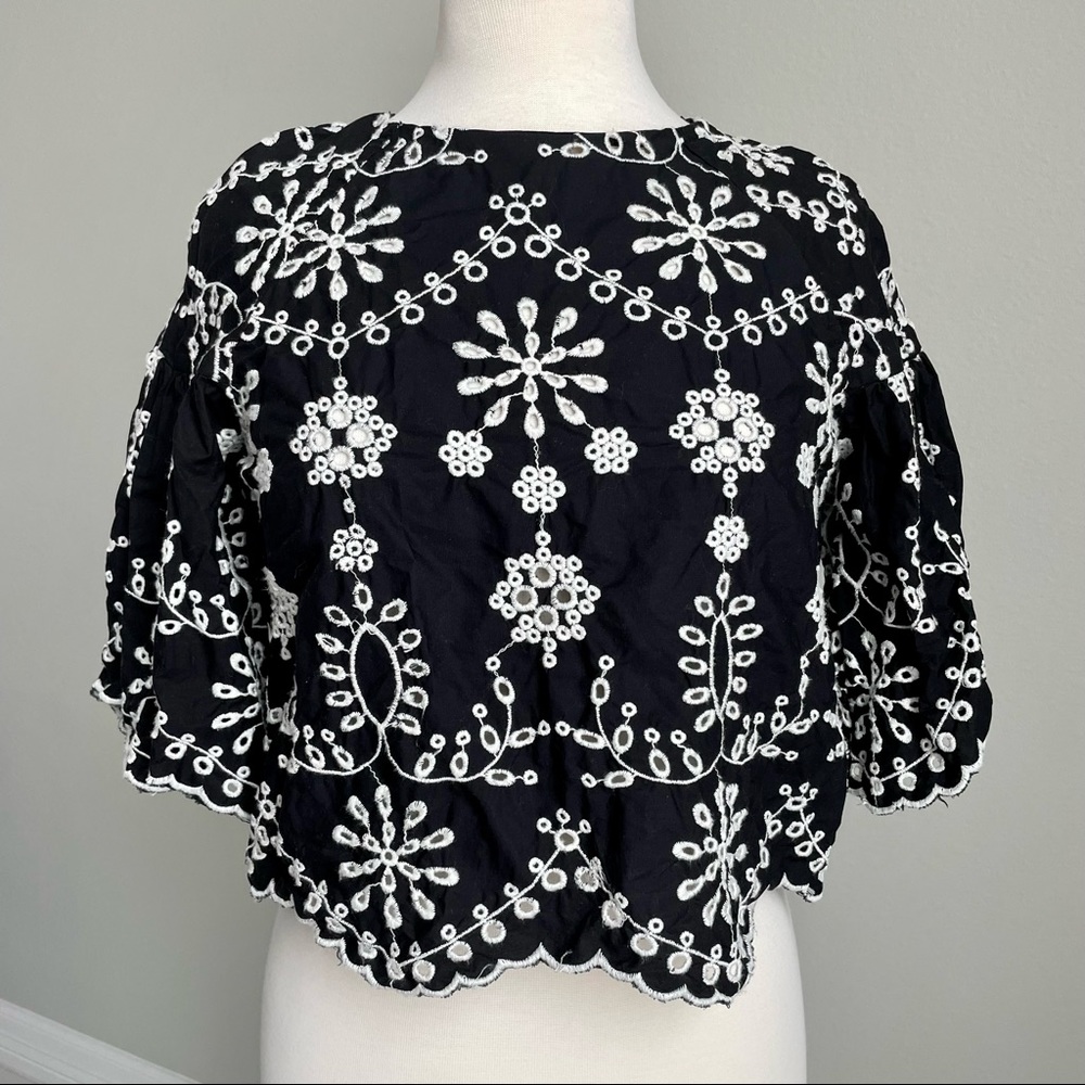 Zara Laser-cut Floral Embroidered Bell Sleeve Crop Top
